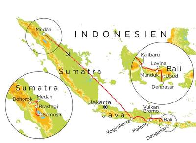 Routekaart Familienreise Indonesien: Sumatra, Java & Bali, 23 Tage