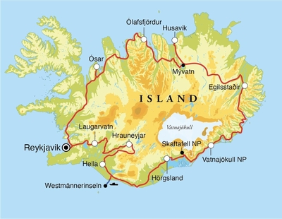 Routekaart Rundreise Island, 13 Tage