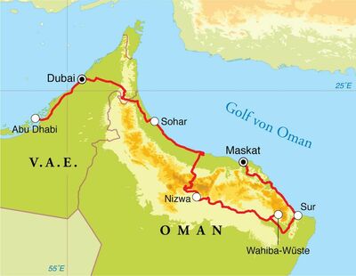 Routekaart Rundreise Oman, Dubai & Abu Dhabi, 12 Tage