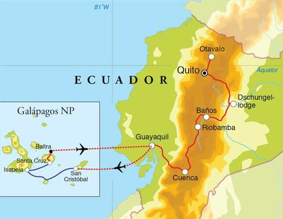 Routekaart Rundreise Ecuador & Galápagos, 22 Tage