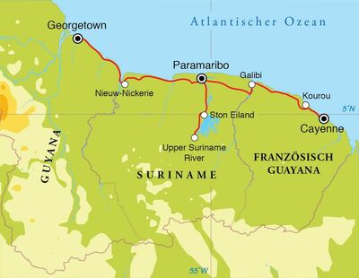 Routekaart Rundreise Die drei Guayanas, 21 Tage