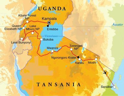 Routekaart Rundreise Uganda, Tansania & Sansibar, 21 Tage 