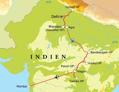 Routekaart Safarireise Indien, 18 Tage