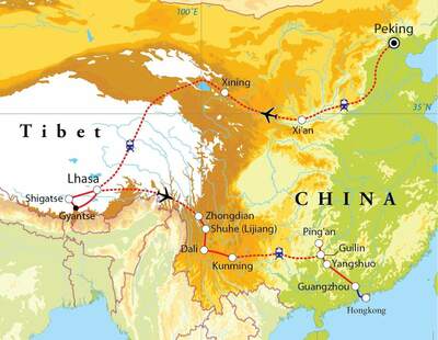 Routekaart Rundreise China & Tibet, 30 Tage
