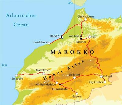 Routekaart Rundreise Marokko, 21 Tage 