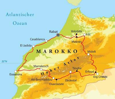 Routekaart Rundreise Marokko, 15 Tage