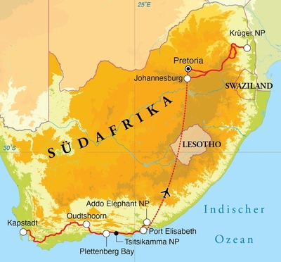 Routekaart Rundreise Südafrika, 15 Tage