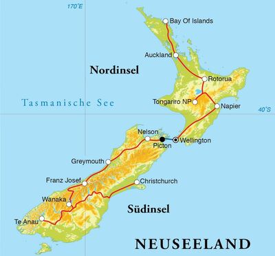 Routekaart Rundreise Neuseeland, 25 Tage