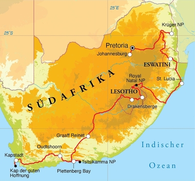 Routekaart Rundreise Südafrika, Lesotho & Eswatini (Swasiland), 22 Tage