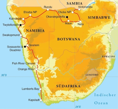 Routekaart Rundreise Südafrika, Namibia, Botswana & Simbabwe, 24 Tage Hotel- & Lodgesafari