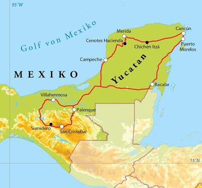 Routekaart Rundreise Mexiko, 16 Tage