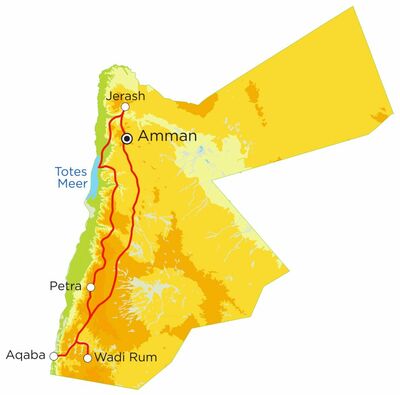 Routekaart Familienreise Jordanien, 8 Tage