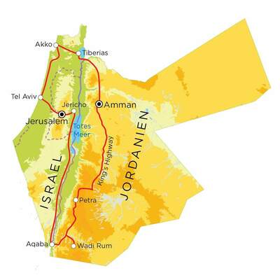 Routekaart Familienreise Israel & Jordanien, 18 Tage