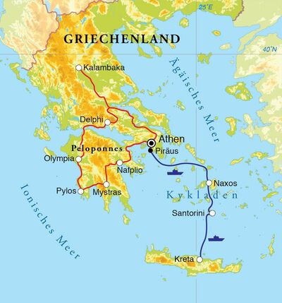 Routekaart Rundreise Griechenland, 18 Tage
