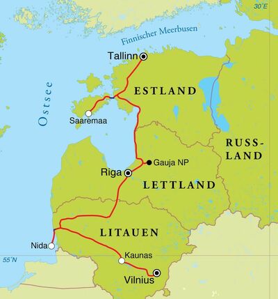 Routekaart Rundreise Baltikum, 12 Tage