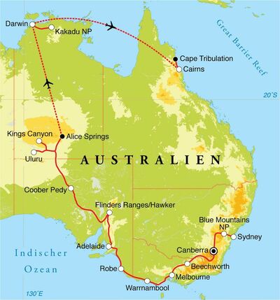 Routekaart Rundreise Australien, 28 Tage