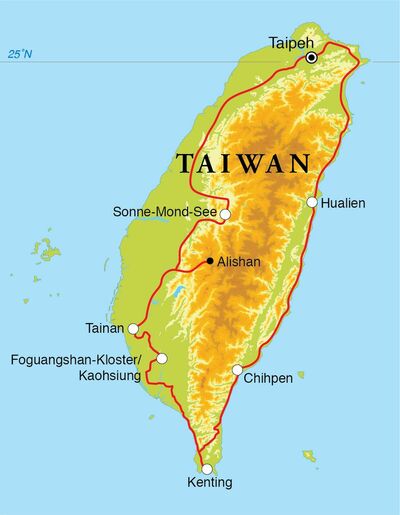 Routekaart Rundreise Taiwan, 15 Tage