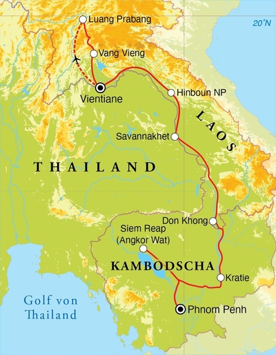 Routekaart Rundreise Laos & Kambodscha, 20 Tage