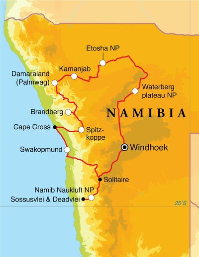 Routekaart Rundreise Namibia, 17 Tage Zelt- oder Hotel & Lodge-Safari