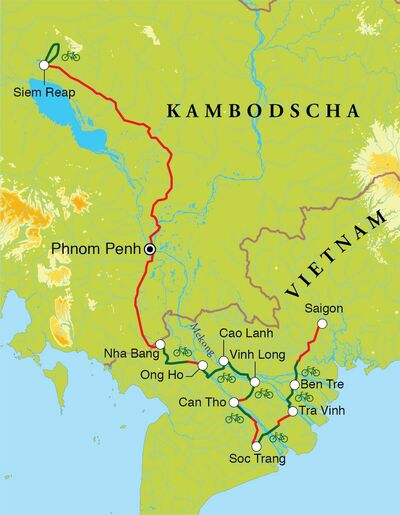 Routekaart Fahrradreise Vietnam & Kambodscha, 18 Tage