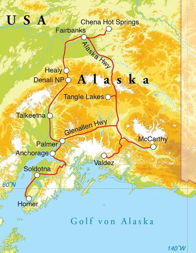 Routekaart Rundreise Alaska, 21 Tage