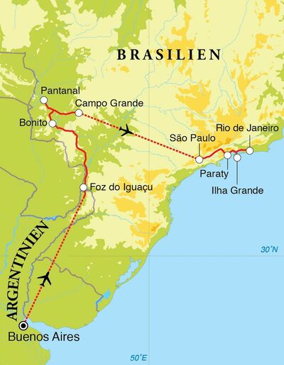Routekaart Rundreise Argentinien & Brasilien 21 Tage
