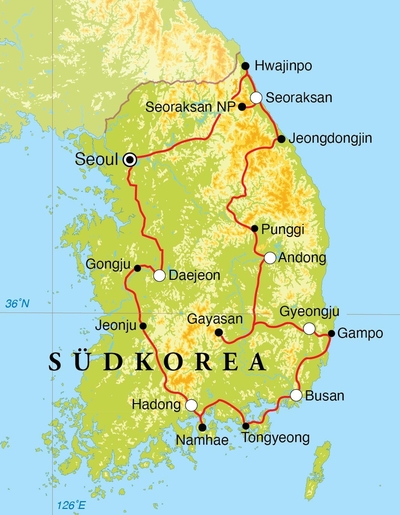 Routekaart Rundreise Südkorea, 15 Tage