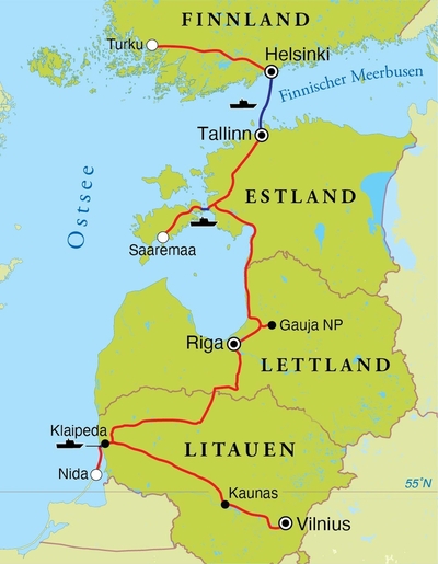 Routekaart Rundreise Baltikum & Finnland, 15 Tage