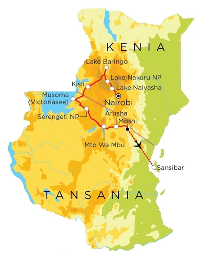 Routekaart Familienreise Kenia, Tansania & Sansibar, 21 Tage