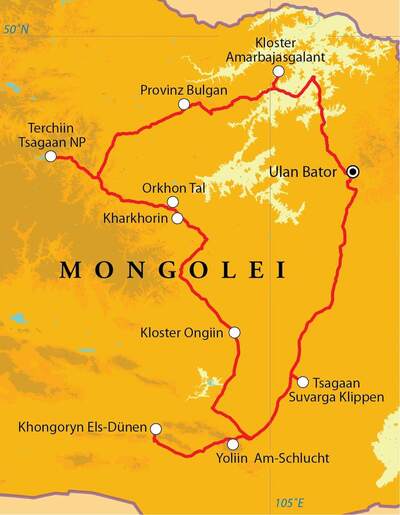 Routekaart Rundreise Mongolei, 16 Tage