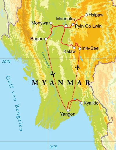 Routekaart Rundreise Myanmar, 21/22 Tage