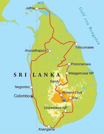 Routekaart Rundreise Sri Lanka, 21 Tage