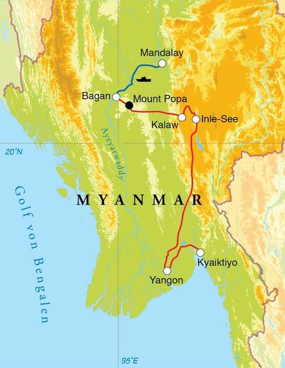 Routekaart Rundreise Myanmar, 17 Tage