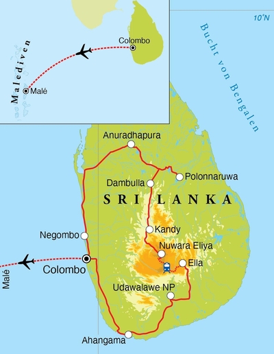 Routekaart Rundreise Sri Lanka & Malediven, 21 Tage