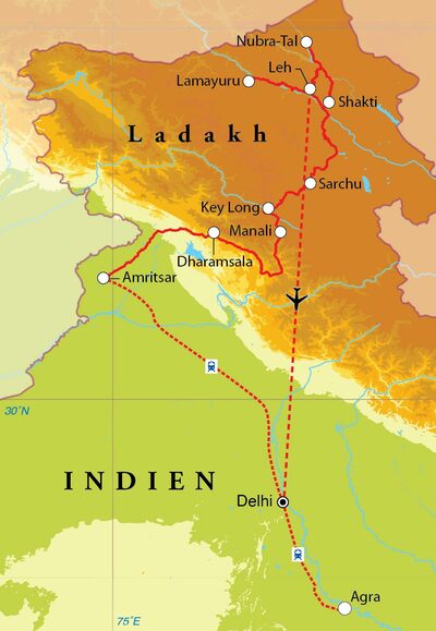 Routekaart Rundreise Ladakh, 22 Tage