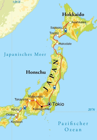 Routekaart Rundreise Japan mit Hokkaido, 23 Tage