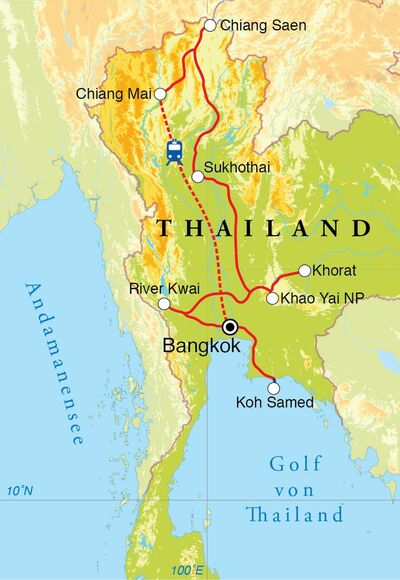 Routekaart Rundreise Thailand, 21 Tage