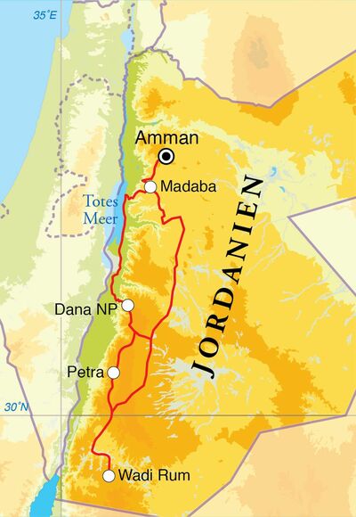 Routekaart Wanderreise Jordanien, 9 Tage