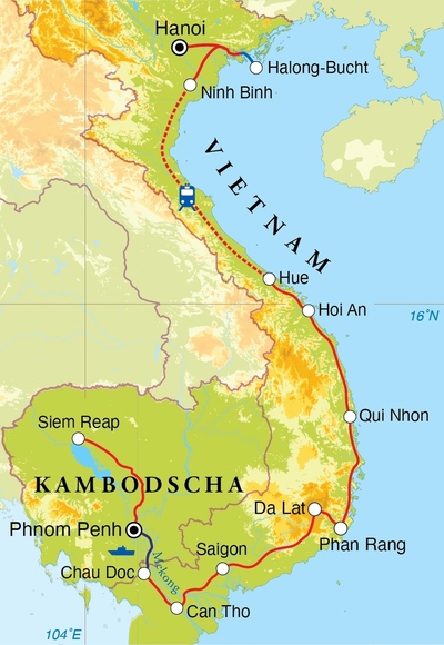 Routekaart Rundreise Vietnam & Kambodscha, 27 Tage