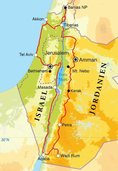 Routekaart Rundreise Israel & Jordanien, 15 Tage