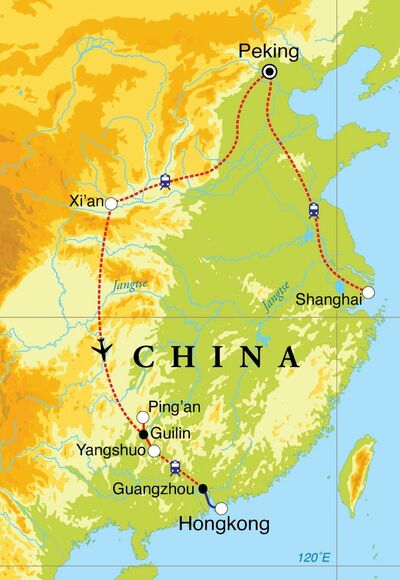 Routekaart Rundreise China, 18 Tage