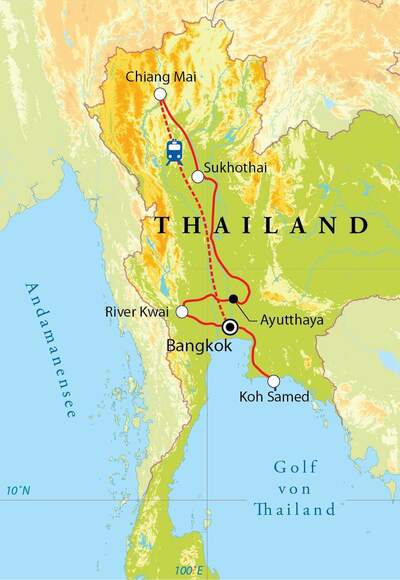 Routekaart Rundreise Thailand, 15 Tage 