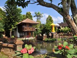 Ein typisch indonesischer Garten mit einem Teich und Seerosen